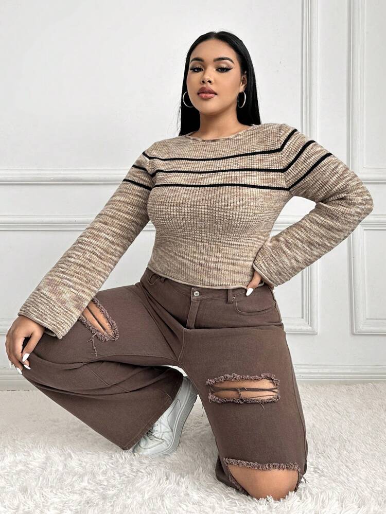 Plus Striped Pattern Crop Sweater