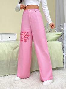 SHEIN EZwear Slogan Graphic Wide Leg Pants