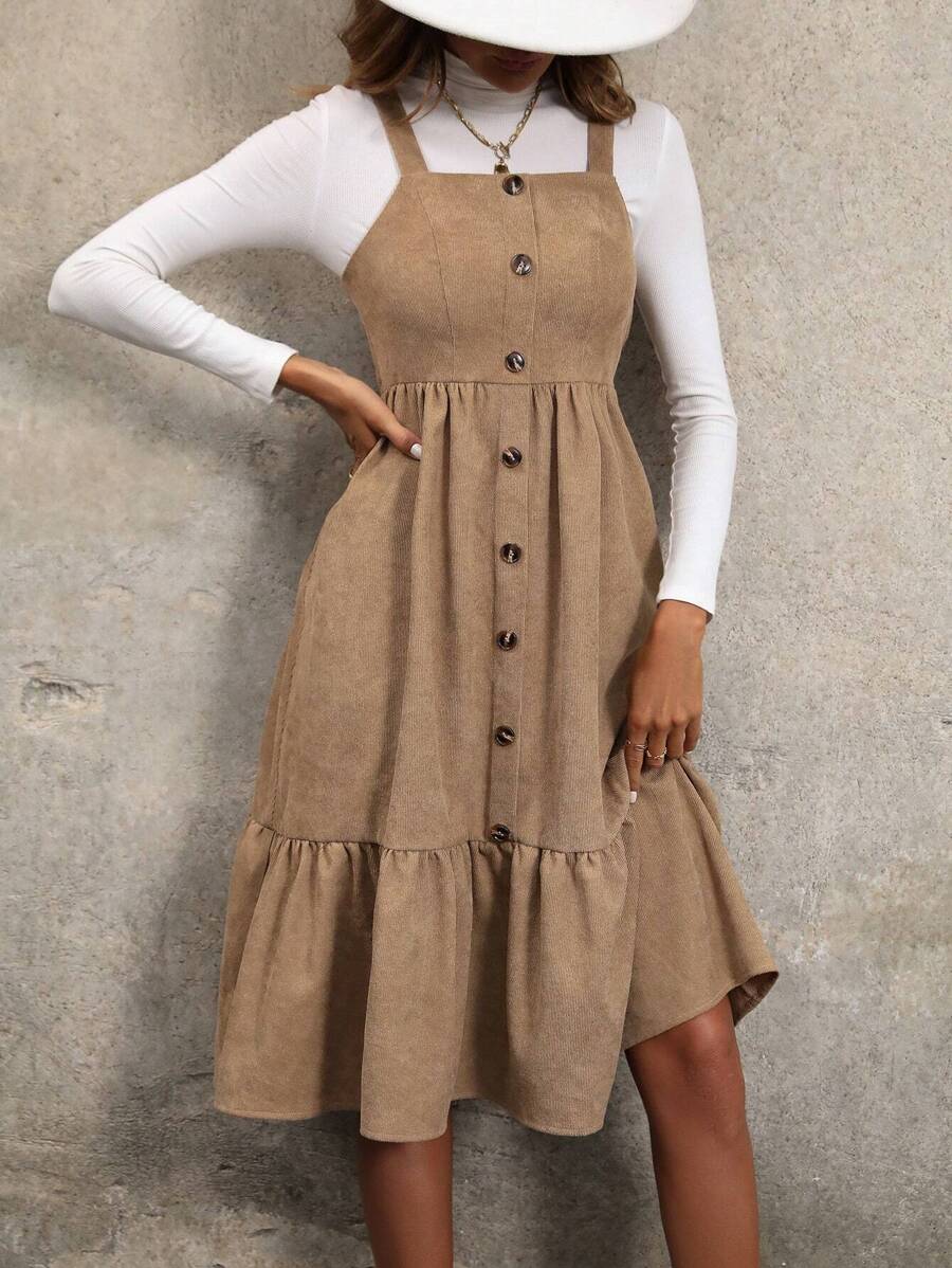 SHEIN Clasi Đầm Maxi Cami Viền Xếp Ly Cho Nữ Trang Phục Nữ - Màu Khaki - Xem 1