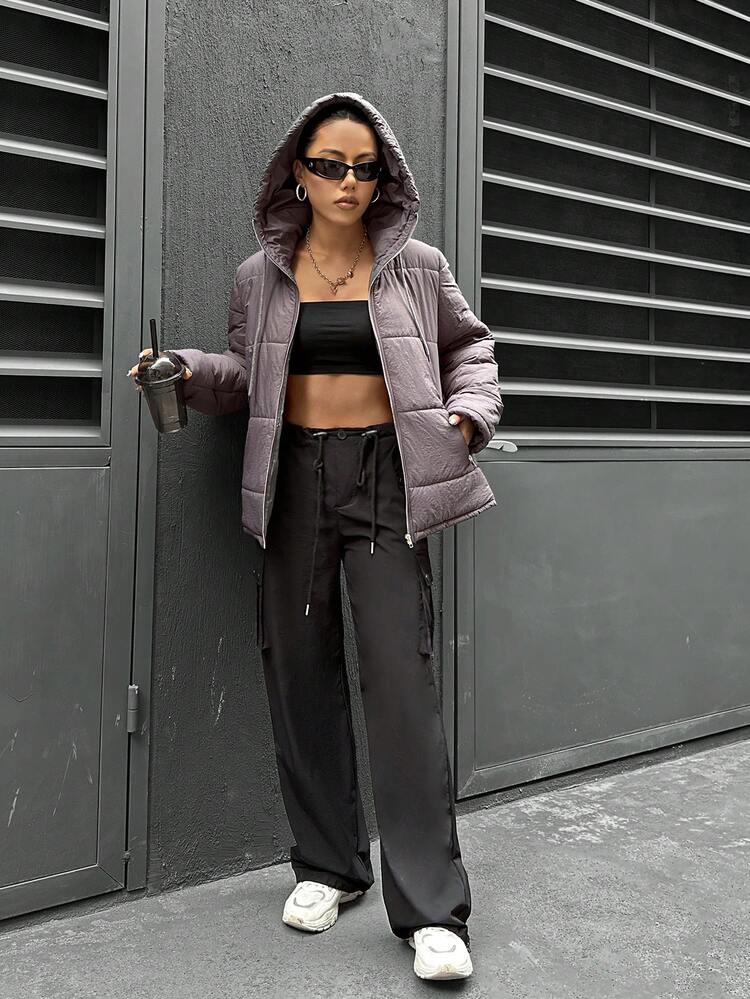 Women's Drawstring Hooded Padded Padded Coat Clothes Winter Fall Cloth For Women