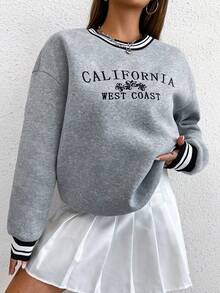 SHEIN Unity 英文字母刺繡,色塊拼接,圓領肋紋,下垂肩長袖衛衣 - 淺灰色 - 查看 3