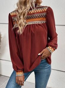 EMERY ROSE Lantern Sleeve Plaid Pattern Shirt - Redwood - View 1