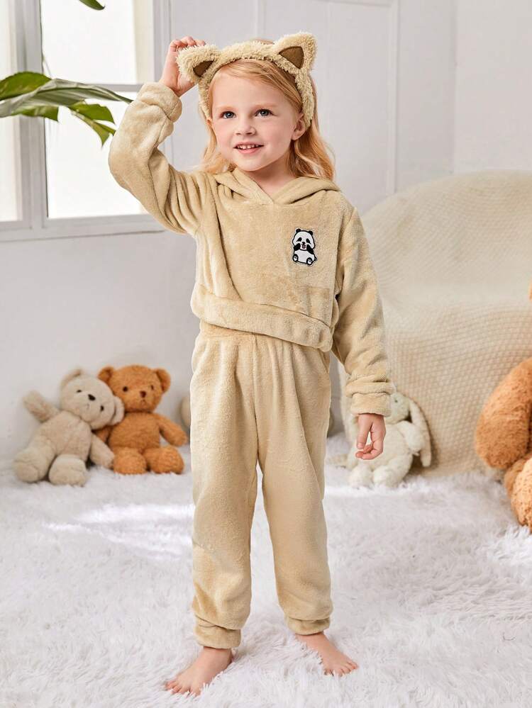 Little Girls' Panda Embroidery Coral Fleece Pajama Set