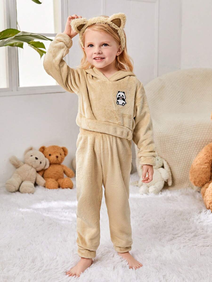 SHEIN Little Girls' Panda Embroidery Coral Fleece Pajama Set - Beige - View 1