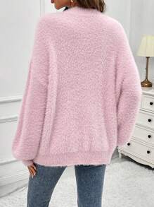 SHEIN Essnce V領落肩袖毛茸茸套頭毛衣 - 粉色 - 查看 2
