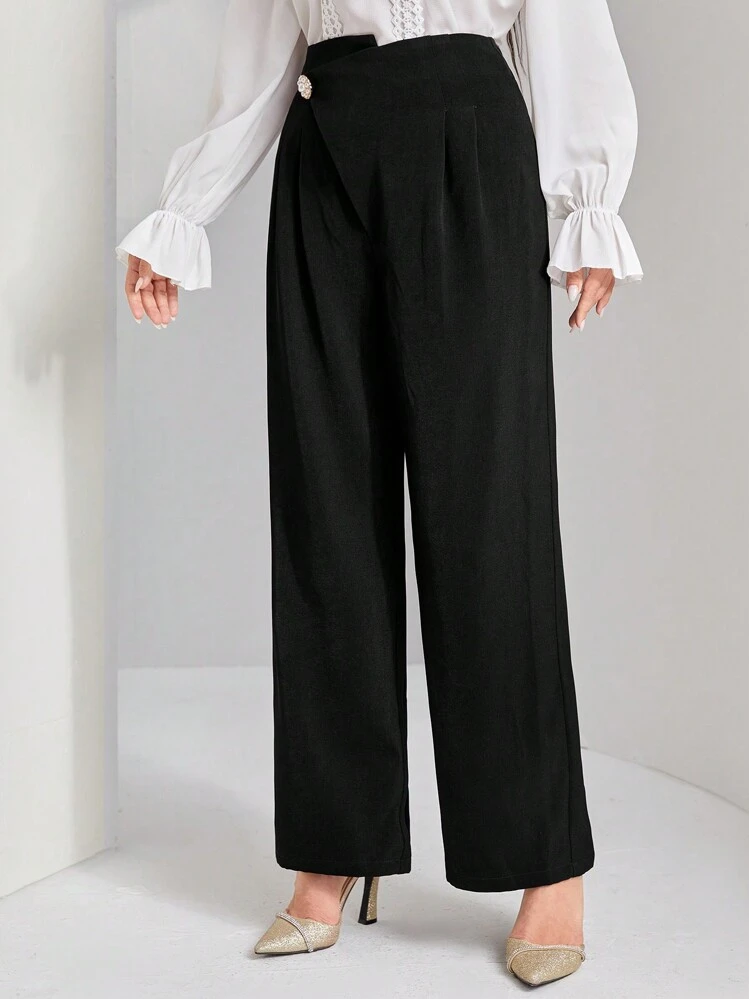 Modelyn Pantalones Largos De Color Sólido Para Mujer Con Detalles De Botones - Negro - Añade 2