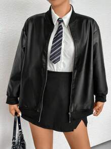 Flirla Plus Size Pu Casual Jacket - Black - View 1