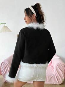 SHEIN EZwear 女士破邊色塊羊毛外套 - 黑色 - 查看 2