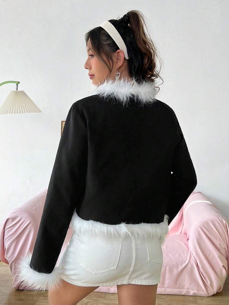 Women's Color-blocking Woolen Coat With Frayed Edges