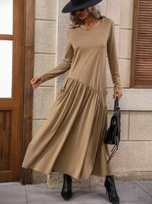 SHEIN LUNE Women's Solid Color Swing Dress - Brown - View 1