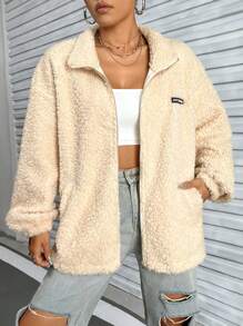 SHEIN Unity Women's Teddy Fleece Regular Jacket With Letter Applique - Apricot - View 6