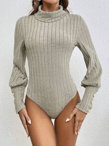 SHEIN Frenchy Áo cao cổ Sọc Áo liền quần chặt - Màu be - Xem 4