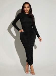 SHEIN SXY Pleated Bodycon Dress - Black - View 1