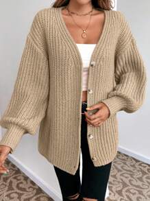 SHEIN Essnce 前紐扣落肩袖開襟衫 - 卡其色 - 查看 6