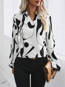 SHEIN Privé Women's Geometric Printed Notch Collar Lantern Sleeve Blouse - Multicolor - View 4