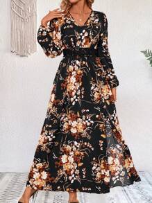 SHEIN LUNE 印花水溶蕾絲拼接燈籠袖高衩洋裝 - 黑色 - 查看 5