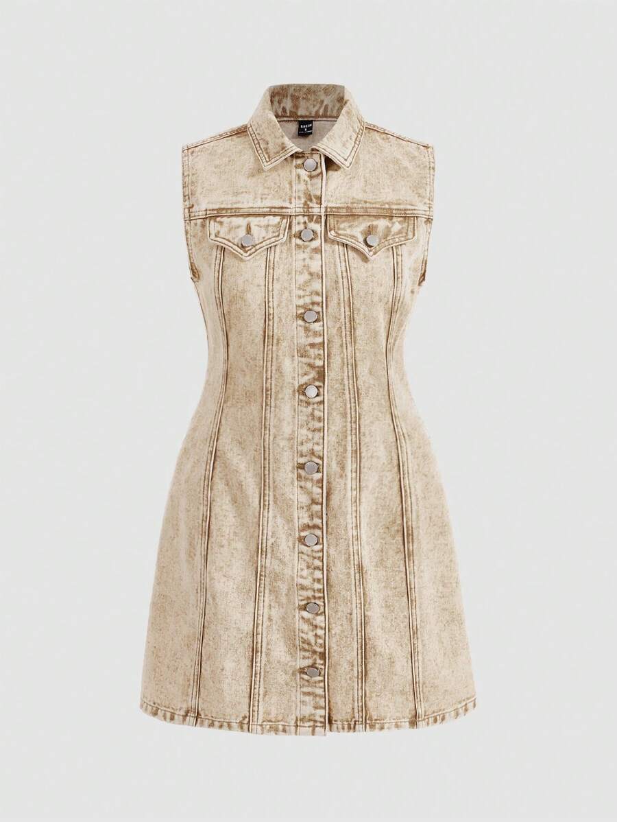 SHEIN MOD Women's Sleeveless Denim Dress - Khaki - View 1