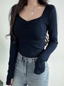 DAZY 女士甜心领口褶饰修身T恤、秋季服装、返校服装 - 藏蓝色 - 查看 7