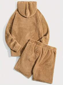 Manfinity Hypemode 男士連帽束口運動衫和短褲套裝 - 卡其色 - 查看 2