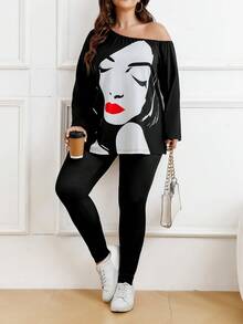 SHEIN LUNE 大碼人像圖案不對稱領T恤和緊身褲 - 黑色 - 查看 5