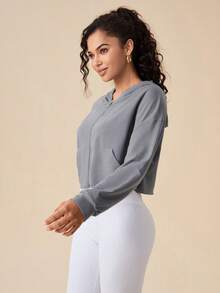 Daily&Casual Thả vai áo có mũ Jacket thể thao - Xám - Xem 7