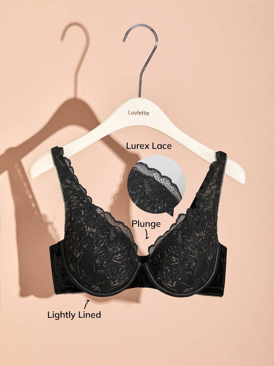 Lingerie Velvet Lace Plunge Lightly Push Up Lined Bra