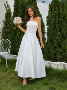 Vestido de novia elegante blanco con manga tubo - Blanco - Ver 3