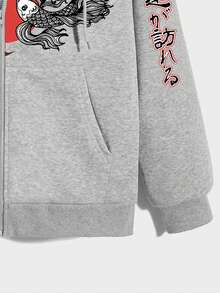日本字符和魚圖案連帽拉鍊衫 - 灰色 - 查看 4