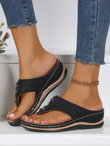 Women's Wedge Heel Flip Flops - Black - View 1