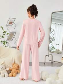 SHEIN Teen Girl Half Button Tee & Wide Leg Pants PJ Set - Pink - View 2