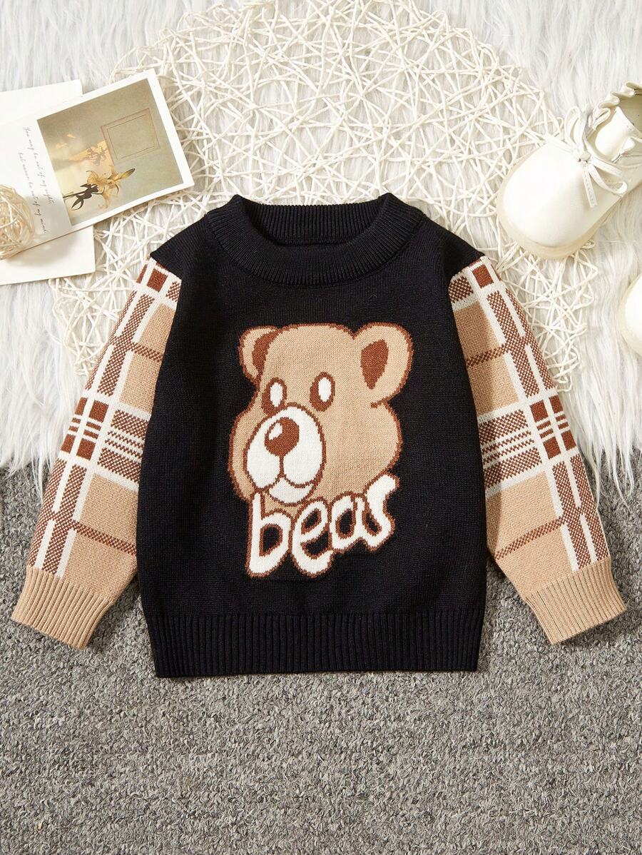 Bebé niño Jersey oso & con patrón de letra - Negro - Ver 1