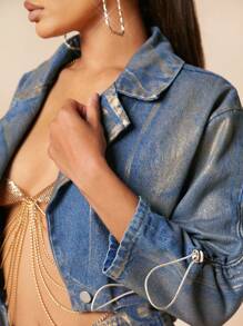 SHEIN Unity Lapel Neck Crop Metallic Denim Jacket - Gold - View 6