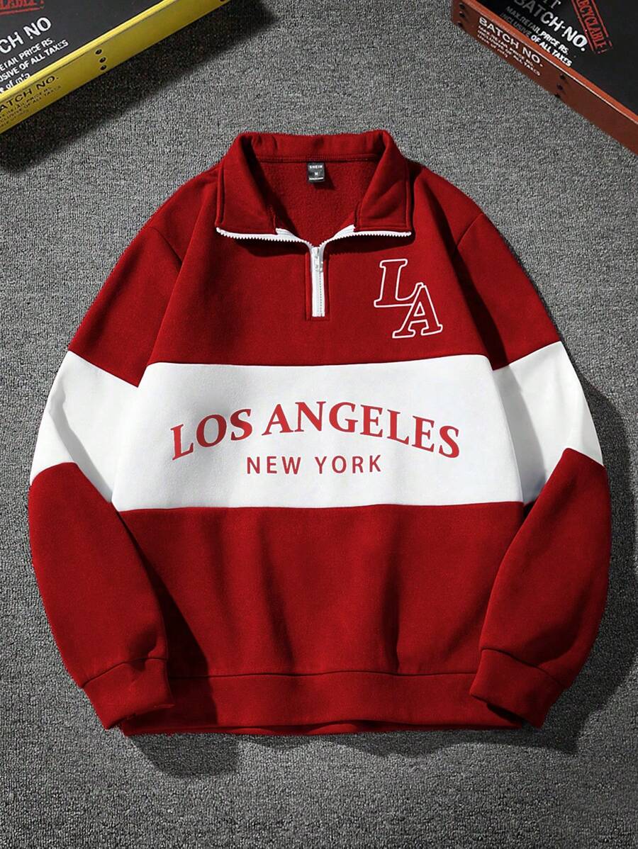 Aesthetic Post Nam Một nửa khóa kéo In thư Áo nỉ Với dây kéo - Đỏ và trắng - Xem 1