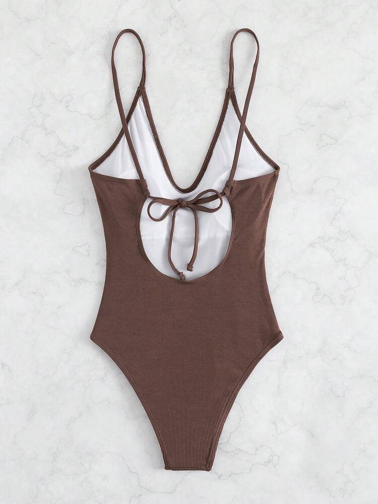 Summer Beach Rib-Knit Tie Back One-Piece Swimsuit Bathing Suit
