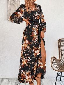 SHEIN LUNE 印花水溶蕾絲拼接燈籠袖高衩洋裝 - 黑色 - 查看 4