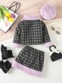 3入組嬰兒女孩對比色毛料格紋外套,配有蝴蝶結、裙子和帽子 - 灰色 - 查看 2