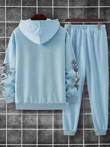 Manfinity Homme 寬鬆落肩連帽衛衣套裝 - 淺藍色 - 查看 2