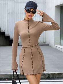 SHEIN Essnce Lettuce Trim Flounce Sleeve Tee & Bodycon Skirt - Brown - View 3