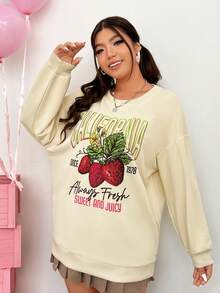 SHEIN EZwear Kích thước lớn Dâu tây & In Khẩu hiệu Thả vai Áo nỉ - Màu be - Xem 6