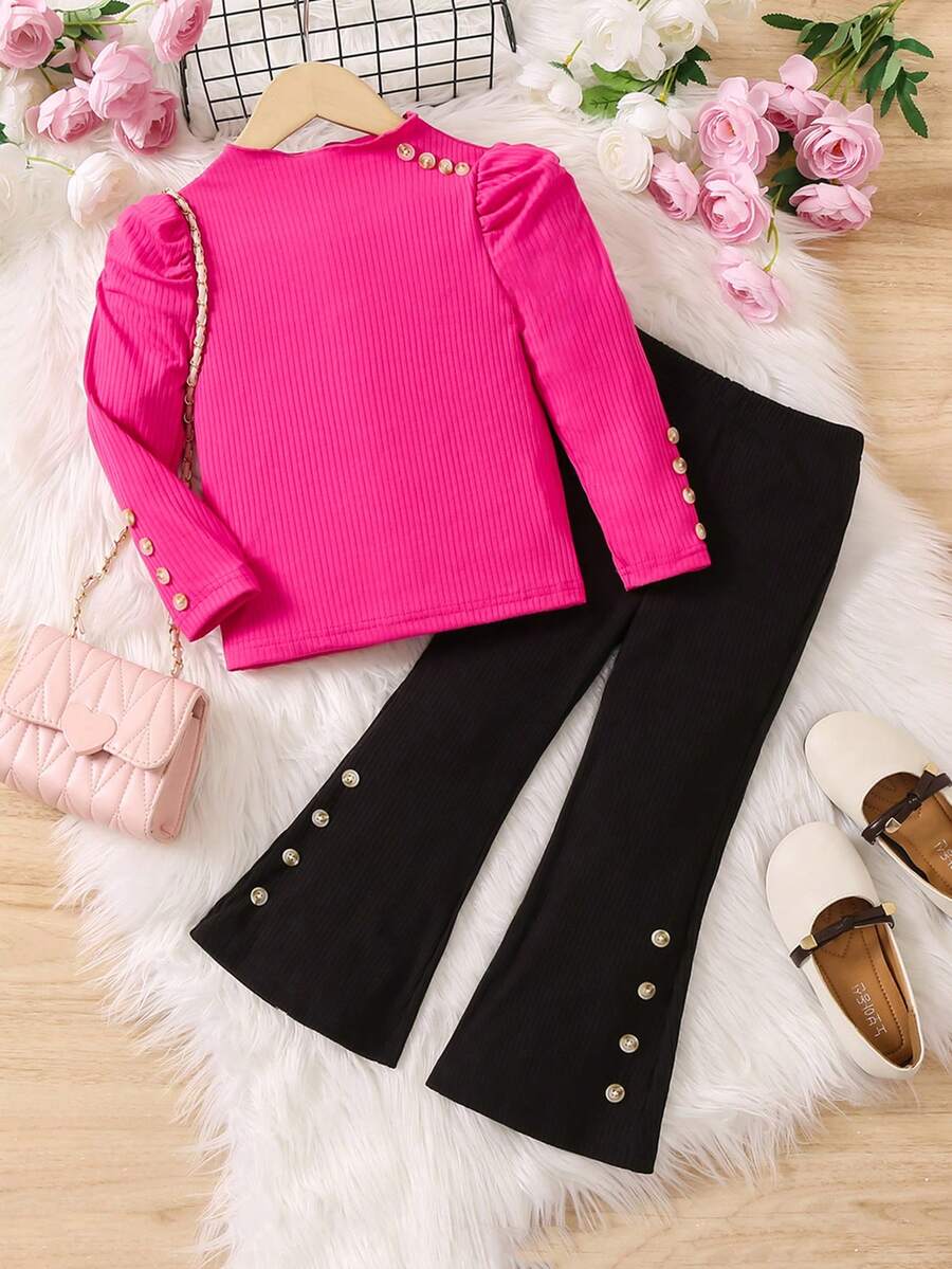 SHEIN Young Girls Puff Sleeve Top With Button Detail & Flared Pants Set - Multicolor - View 1