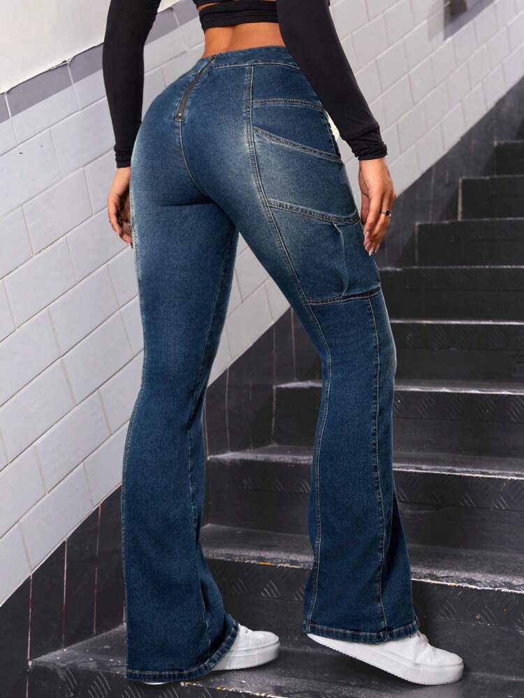 Zip Back Bleach Wash Flare Leg Jeans