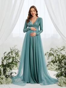 Faeriesty Dressalisa Elegant Maternity Dress, Deep V-Neck Long Sleeve Design, Flowing Sheer Side Panel, Accentuates Waistline, Suitable For Baby Shower (Formal Events, Wedding Guest Attire, Church Ceremony, Luxury Brunch, Maternity Photoshoot) - Teal Blue - View 3