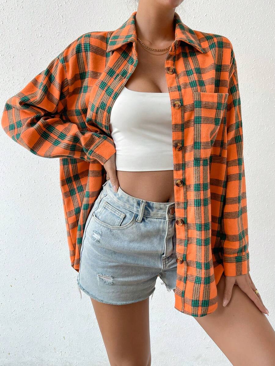 SHEIN Essnce 女式落肩格紋襯衫