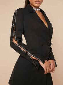 Hauture Rhinestone Trim Cut Out Sleeve Lapel Neck Coat - Black - View 7