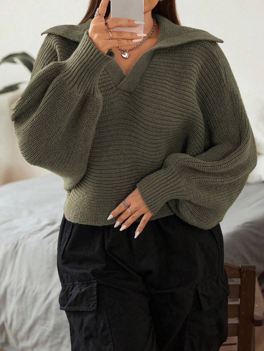 Flirla Suéter De Talla Grande Con Mangas Murciélago Y Cuello Redondo - Verde militar - Ver 1