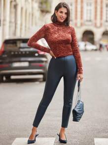 SHEIN Clasi 女士修身提花高領t恤 - 鏽棕色 - 查看 5