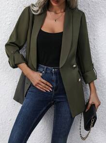 SHEIN Clasi 女款捲袖雙排扣西裝外套 - 軍綠色 - 查看 1