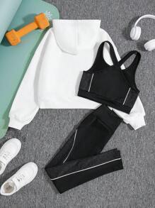 SHEIN 補間女孩字母刺繡連帽衫、拼布背心、長褲運動三件套 - 黑與白 - 查看 2