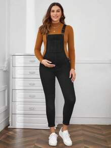 SHEIN Maternity Cropped Denim Overalls - Black - View 5