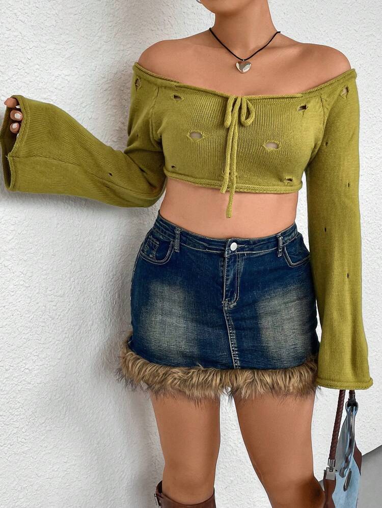 Plus Size Women's Open Shoulder Distressed Pullover Sweater Knit Pullover Fall Winter Sweater